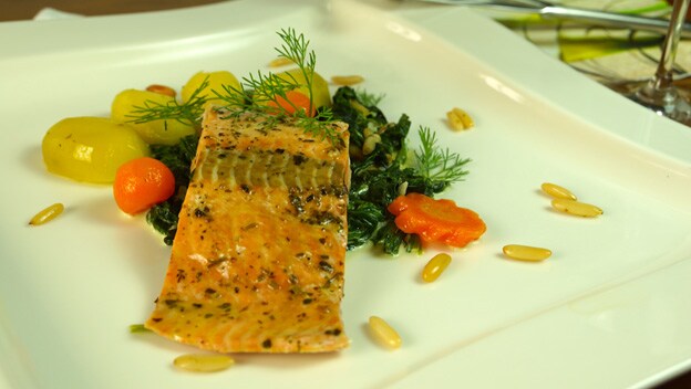 Steamed salmon with chard sauce